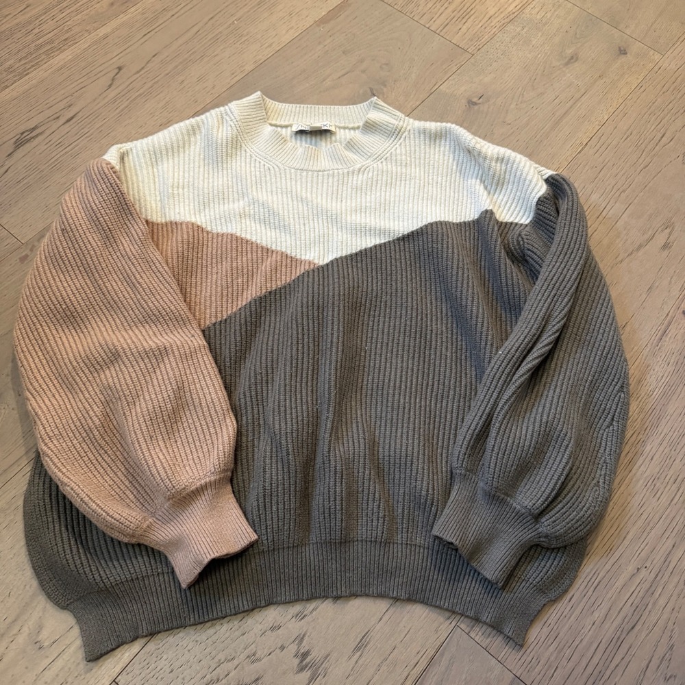 She + Sky Colorblock Ribbed Knit Balloon Sleeve Sweater Grey Mauve Large